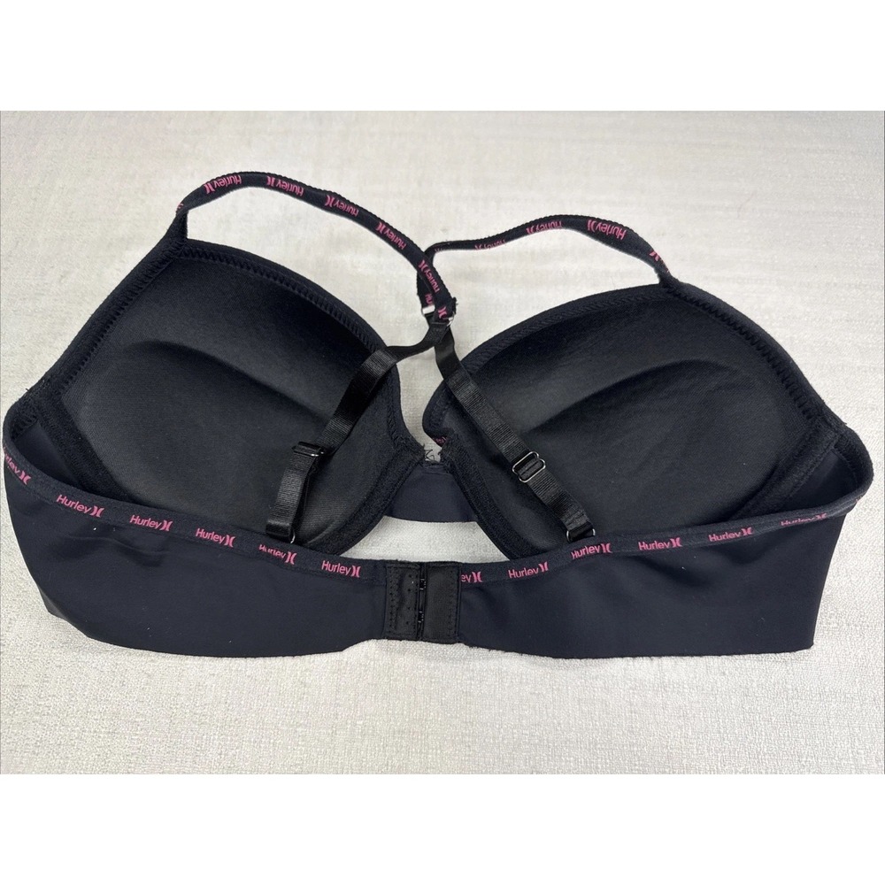 Hurley Size 34C Black Padded Bra Pink Accents Adjustable Straps Push Up - Picture 5 of 8